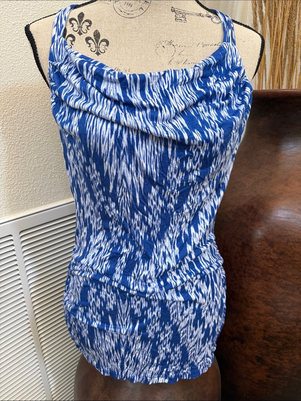 Banana Republic-Blue and White Printed Sleeveless Cowl Neck Tank